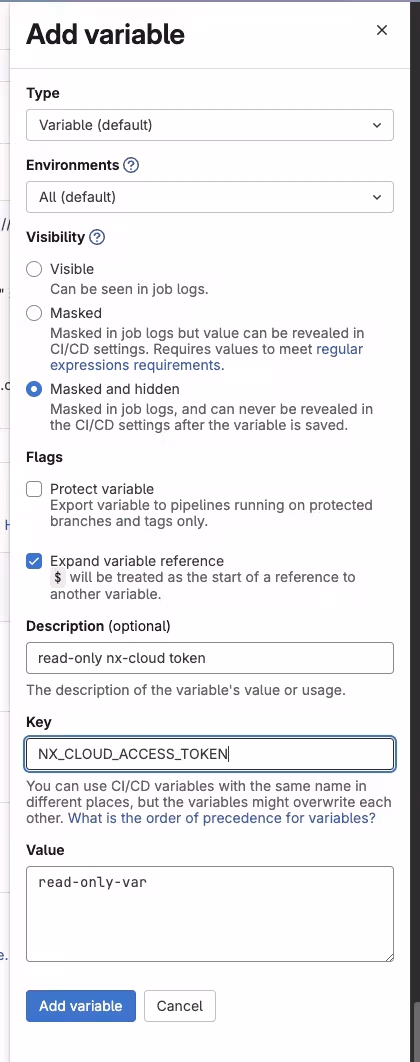 add read-only nx cloud access token to gitlab