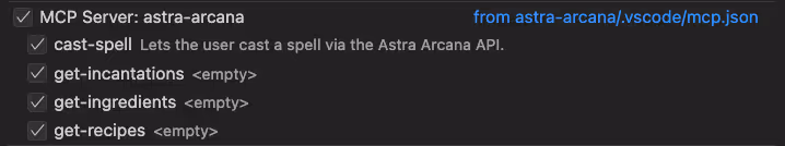 Screenshot of the VSCode quickinput listing available MCP tools
